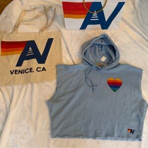 NWT Aviator Nation Relaxed Heart Stitch Pullover Hoodie Extra  Small Ice